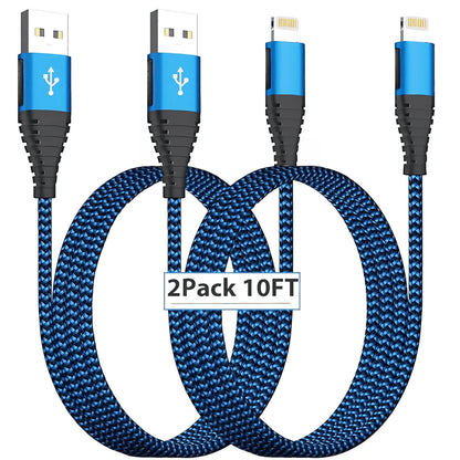 Iphone Charger, 2 Pack 10Ft Lightning Cable Apple Mfi Certified Nylon Braided 3A Fast Charging Cord Compatible with Iphone 14/13/12/11, Blue