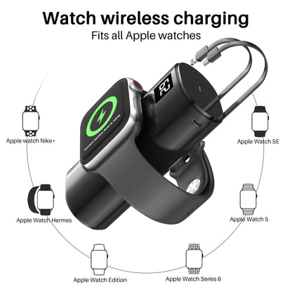 Portable Charger for Watch, 9000Mah Small Power Bank Built-In Cables, USB C PD 20W Fast Charging for All Iwatch, Iphones, Ipad