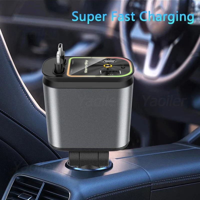 All New,Retractable Car Charger, 4 in 1 Fast Charging Car Charger 120W, with Ambient Light and 2 USB Ports Car Charger Adapter