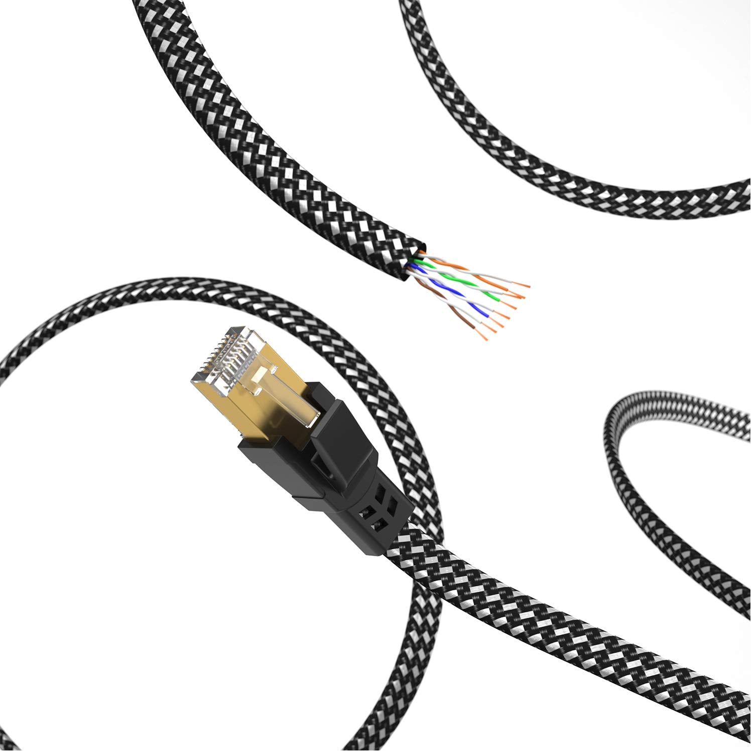 Cat 8 Ethernet Cable 15 Ft, 26AWG Nylon Braided High Speed Heavy Duty Cat8 Network LAN Patch Cord, 40Gbps 2000Mhz SFTP RJ45 Flat Cable Shielded in Wall, Indoor&Outdoor for Modem/Router/Gaming/Pc