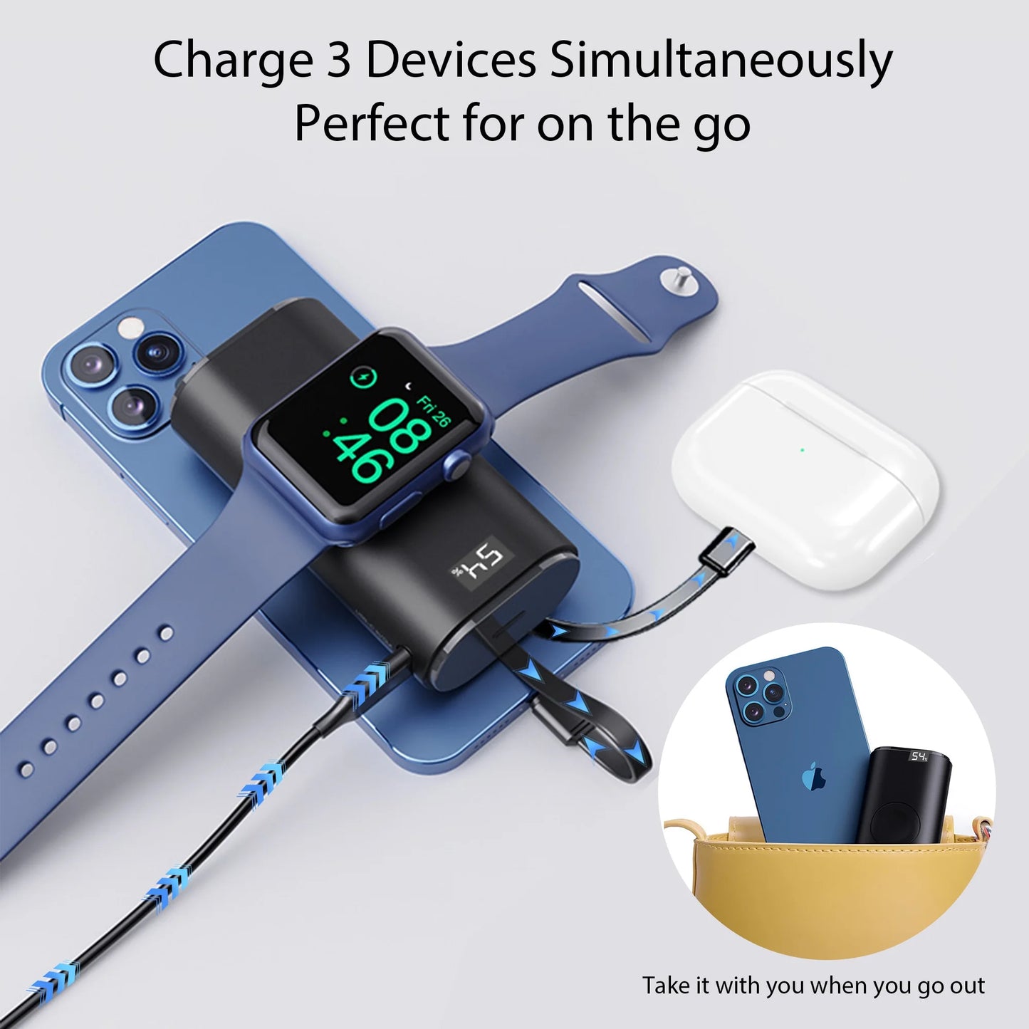 Portable Charger for Watch, 9000Mah Small Power Bank Built-In Cables, USB C PD 20W Fast Charging for All Iwatch, Iphones, Ipad